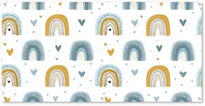 Tuinposter 160x80 cm - Tuindecoratie Patroon - Regenboog - Hartjes - Poster voor in de tuin - Buiten decoratie - Schutting tuinschilderij - Tuindoek muurdecoratie - Wanddecoratie balkondoek