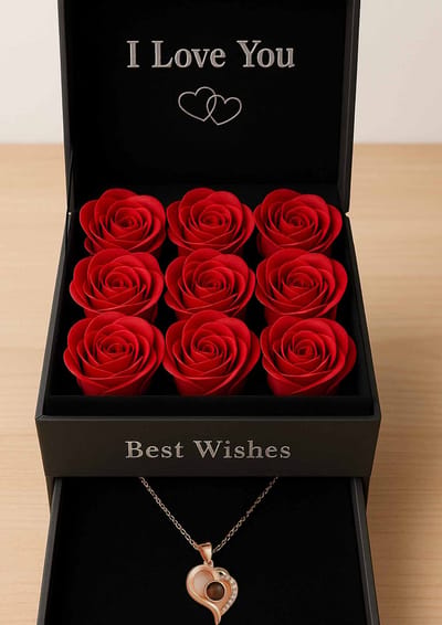 ''OP=OP'' Sieradendoos met Liefdes ketting en Eeuwige Roos - Moederdag- Geschenkset - Valentijn Cadeau - Valentijnsdag - VerjaardagsdagCadeau - Giftbox - 100 Talen I Love YOU - Liefde - Love - Anniversary - Ketting Dames