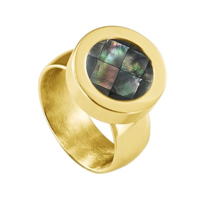 Quiges RVS Schroefsysteem Ring Goudkleurig Glans 18mm met Verwisselbare Grijze Blokjes Schelp 12mm Mini Munt