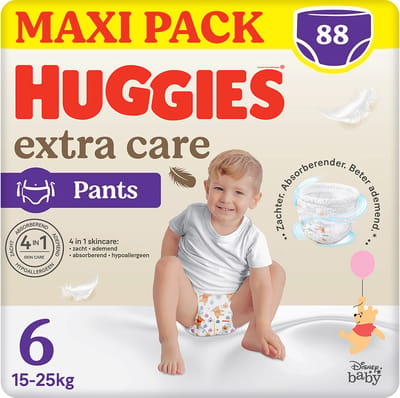 Huggies® Extra Care baby luierbroekjes, Maat 6 (15 tot 25kg), 88 luiers met zachte elastische tailleband en Disney designs, Maxi Pack