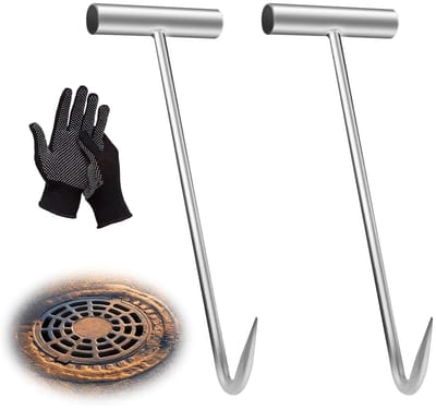 2 Stuks Lifter voor Afvoerputdeksels met 1 Paar Handschoenen, 30 cm Schacht, Draagbare Heftool voor Gemakkelijk Optillen van Deksel en Vleeshaken