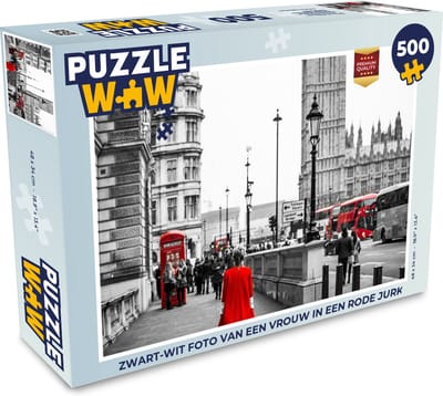 Puzzel Zwart-wit foto van een vrouw in een rode jurk - Legpuzzel - Puzzel 500 stukjes