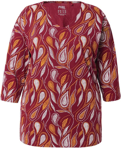 Ulla Popken - Dames - Pyjamashirt paisley V-hals 3/4-mouwen biologisch katoen - Donker kersenrood - Maat 46+