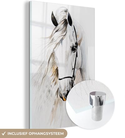 MuchoWow® Glasschilderij 40x60 cm - Schilderij acrylglas - Paard - Waterverf - Dieren - Wit - Foto op glas - Schilderijen