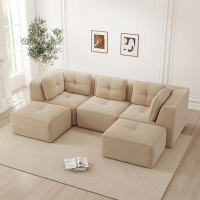 MODENUIT Hoekbank 3-Zits - Modulair Met Ottomaan En Diepe Zitting 74 cm - Voor Woonkamer - Cordstof - Beige