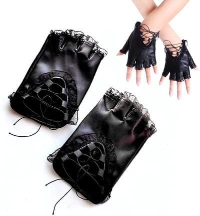Vingerloze leren handschoenen met kantafwerking voor cosplay, punkstijl en themafeesten, ideaal voor hiphop dans en festivals (Zwart)