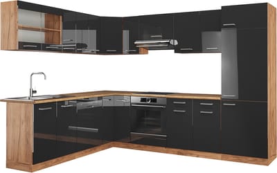 Vicco Hoekkeuken R-Line, Antraciet Hoogglans/Goudkleurig Eiken, 287 x 227 cm zonder werkblad