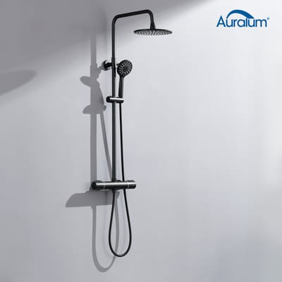 AURALUM Max Regendouche met Thermostaatkraan - 9 inch Douchekop - 38°C Doucheset - Verstelbaar 84-121 cm - Hoofddouche en Handdouche - Waterbesparend - Zwart