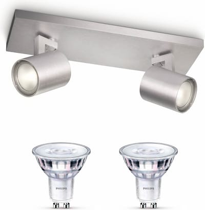 Philips Runner Opbouwspot (Aluminium) - Warmwit Licht - Plafondspot met 2 Lichtpunten - GU10 - SceneSwitch - Eenvoudig Dimbaar met Je Klassieke Schakelaar