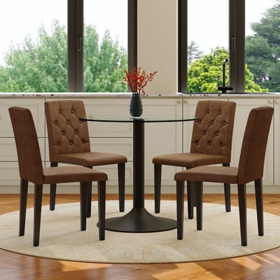 MIVRAY Eethoek 85 cm - Glazen Tafel Met 4 Eetkamerstoelen - Voor Eetkamer En Keuken - Metaal Kunstleer Bruin Zwart