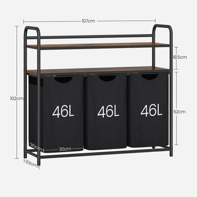 NaevaMi - Wasmand 3 Vakken - Wasmanden - Wassorteerder - Wasmand Zwart - Wassorteerder 3 Vakken - Badkamerkast Met Wasmand - 3x 46L - 2 Planken - Met Wielen