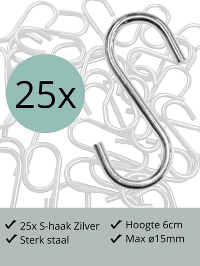 Leathergoodz - 25x S-haakjes Zilver - 6cm/klein - ø15mm - s-haakjes - ophanghaken - handdoekhaakje - S-haken