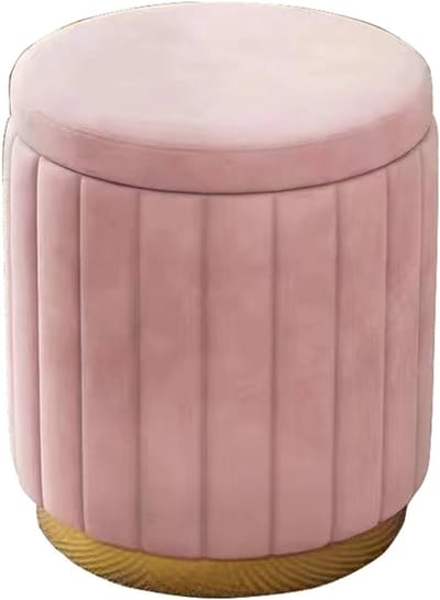 Ronde Opberg Poef - Voetenbankje Krukje - Opbergen Woonkamer - Houten Frame - 34x45cm - Roze