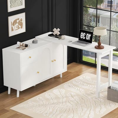 Bureau en dressoir - Draaibaar meubel - Ruimtebesparend werken - 360 graden draaibaar - 120 x 40 cm - Wit