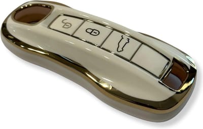 Sleutelcover voor Porsche, Cayenne, Panamera, Boxster Macan, 911, Sleutelhoesje, Key Case for Porsche, Autosleutel Hoesje Geschikt Voor Porsche, Wit - Goud