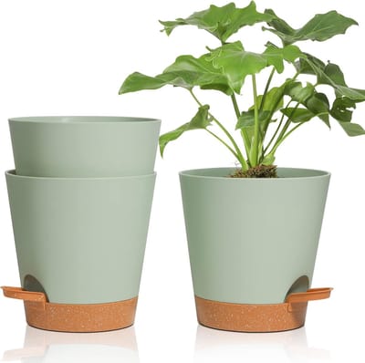 Famanu - Set van 3 ronde kunststof bloempotten met bewateringssysteem 6,5 cm groen