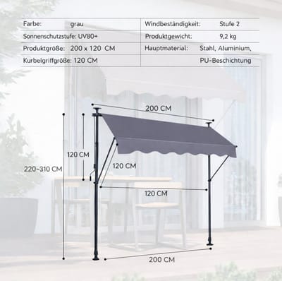 STILVORA Klemmmarkise Verstelbaar 200 x 150 x 220-310 cm Aluminium Donkergrijs Voor Balkon En Terras Met Zon En Regenbescherming