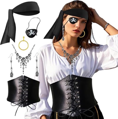 Dailygoods- Piratenkostuum Accessoires - 7 Stuks - Piratenhoed/Zwart - Ooglapjes - Doodskop Halsketting - Oorbellen - Carnaval Decoratie - Piratenoutfit