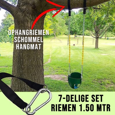 Allernieuwste.nl® Ophangsysteem voor Hangmat - Schommel - Nestschommel - Bevestigingsset - Hangmat Ophangsysteem - Ophangset - Schommel Riemen - Inclusief Haken - Karabijnhaak - 150cm - set van 2 stuks - Zwart - Tot 500 kg