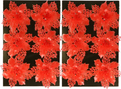 Gerimport Kerstboom bloemen op clip - 12x stuks - rood - kunststof - kerstornamenten