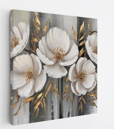 Saammp Canvas Schilderij - Abstracte bloemen met goud - 20x20 - Foto op canvas - Wanddecoratie - Muurdecoratie Woonkamer - Kantoor Decoratie