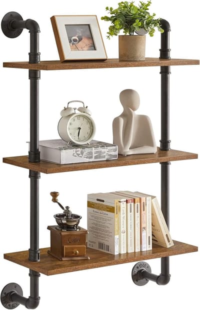 Wandrek, zwevend rek met 3 verdiepingen, houten wandboard in retro industrieel design, 60 cm, stabiel, metalen frame, staand rek, wanddecoratie, voor woonkamer, keuken, badkamer, HD-HRF-TM003