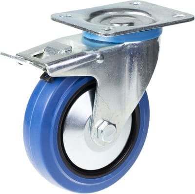 125 mm (5 inch) zwenkwiel met blauw rubber en rem, draagvermogen 400 kg, set van 2