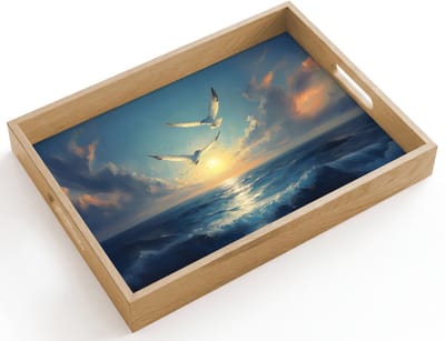 Dienblad hout 40x30 cm - Schootdienblad - Meeuwen - Zee - Wolken -Blauw - Borrelplank rechthoek - Plateau dienbladen