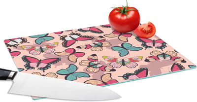 Glazen Snijplank - 28x20 - Vlinder - Roze - Blauw - Design - Snijplanken Glas
