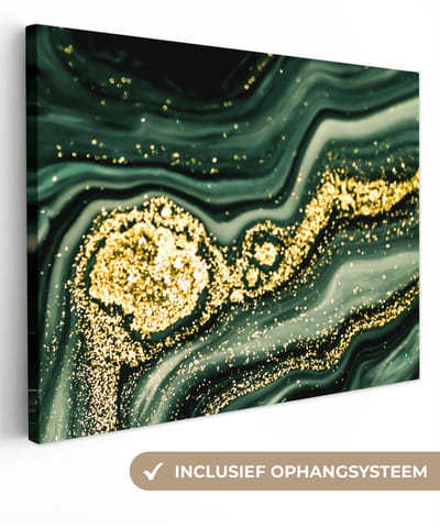 Canvas schilderij 40x30 cm - Wanddecoratie Marmer - Goud - Glitter - Groen - Marmerlook - Luxe - Muurdecoratie woonkamer - Slaapkamer decoratie - Kamer accessoires - Schilderijen op canvas