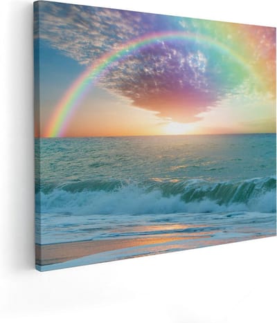 Artaza Canvas Schilderij Zeezicht - 50x40 cm - Muurdecoratie Strand - Wanddecoratie Golven - Kamer Accessoires Regenboog