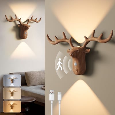 Rosnek Houtlook Hert Wandlamp Binnen 4 Stuks - Draadloze LED Nachtlamp met Bewegingssensor - Up & Down Verlichting - Oplaadbaar & Traploos Dimbaar - Slaapkamer / Trap (Kleur: Beuken)