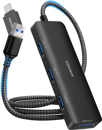 Sounix USB 3.0 Hub met 60cm Kabel - USB Splitter - 4 extra USB 3.0 A Poorten - USB C Hub - 5 Gbps - Aluminium - Zwart