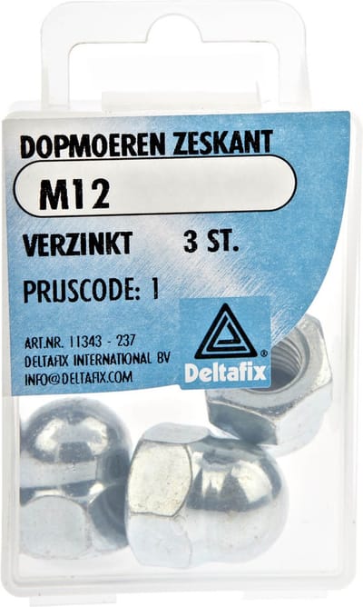 Dopmoer. Zeskant. Verzinkt. M12. 3 stuks. din 1587 Deltafix.