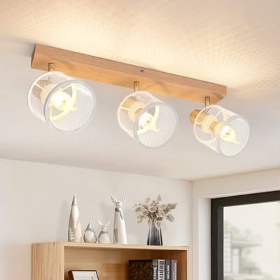 NETTLIFE Opbouwspot - Hout - wit - cilinder - 3-lichts - E14 Fitting - 350° draaibar Plafondspot - Kooiontwerp - Metaal - Max.25W - Vintage Plafondlamp - voor Hal | Woonkamer | Keuken - Zonder Lichtborn - L 42cm