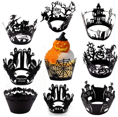 Dailygoods- Cupcake Wrappers Halloween - Zwarte Filigraan Decoraties - Laser Cut Motieven - Vleermuis/Geest/Spinnenweb - Pompoen/Kasteel - Voor Feestjes/Carnaval