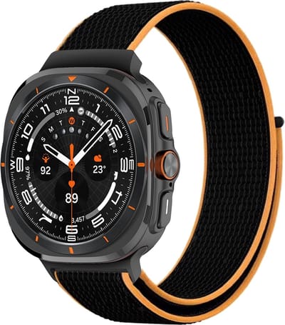 By Qubix - Compatible Samsung bandje - Nylon loop bandje - Zwart / oranje - Geschikt voor Samsung Galaxy Watch Ultra / Ultra 2 - 47mm