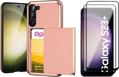 Hoesje met Pasjeshouder geschikt voor Samsung Galaxy S23 Plus - 2x Screen Protector FullGuard - Back Cover SlideCase Roségoud & Screenprotector