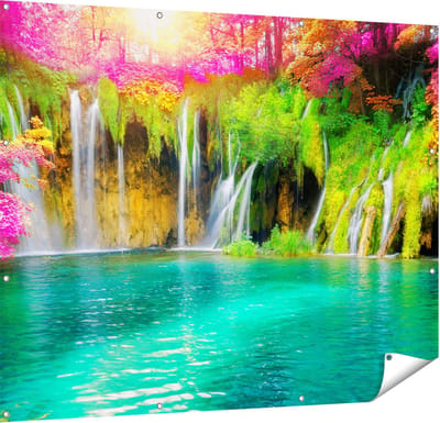 Gards Tuinposter Waterval met Roze en Groene Bloemen - 150x120 cm - Tuindoek - Tuindecoratie - Wanddecoratie buiten - Tuinschilderij