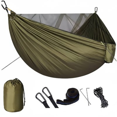 Campinghangmat - met muggennet - draagvermogen 300 kg - (290x140 cm) - Nylon parachutestof - ademend en sneldrogend - complete accessoires - eenvoudig te monteren reishangmat