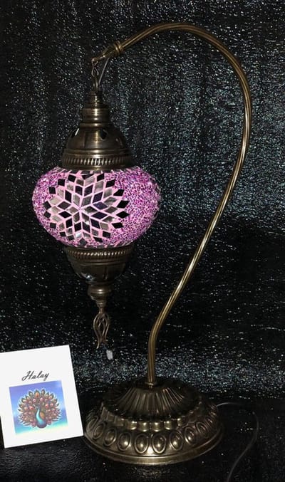 Turkse Mozaïek Tafellamp - Handgemaakte Booglamp - 1 stuk - Paars en Brons met E14 LED Verlichting