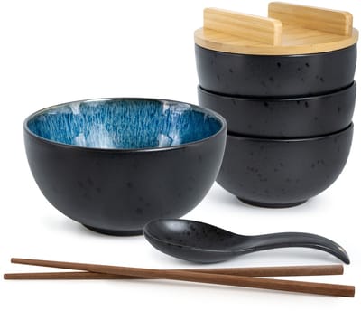 Moritz & Moritz SOLID 4-delige Ramen Bowl Blauw - voor 4 Persoons met Soeplepels & Eetstokjes