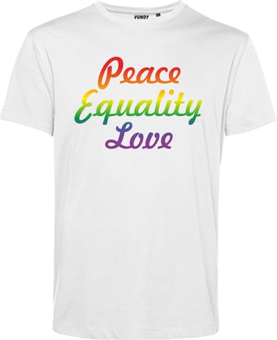 T-shirt Peace Equality Love | Gay pride shirt kleding | Regenboog kleuren | LGBTQ | Wit | maat XS