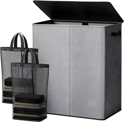 JCP® Wasmand - 145L - Wasmand 2 Vakken - Wasmanden - Grijs - 57cm x 38cm x 67cm