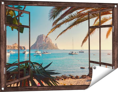 Gards Tuinposter Doorkijk Ibiza Cala d'Hort Strand - 90x60 cm - Tuindoek - Tuindecoratie - Wanddecoratie buiten - Tuinschilderij