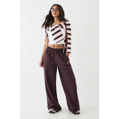 Dames DSGN Studio Joggingbroek met Paspeldetail Middelhoge Taille Wijde Pijpen | Chocolate | Maat: Large