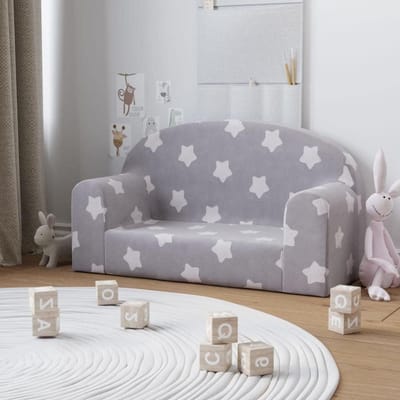 Kinderbank 2-zits - Zachte pluche bank - Lezen spelen ontspannen - Afneembare hoes - 84 cm breed - Lichtgrijs met sterren