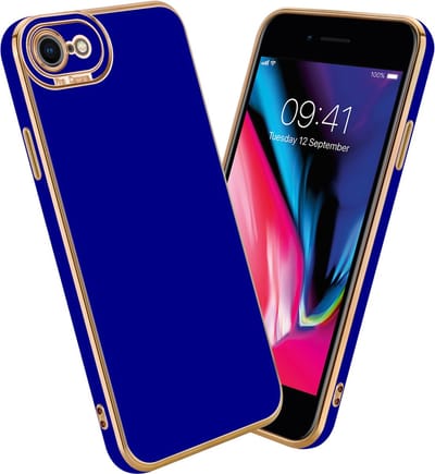 Cadorabo Hoesje geschikt voor Apple iPhone 7 / 7S / 8 / SE 2020 in Glossy Blauw - Rose Goud - Beschermhoes van flexibel TPU-silicone Case Cover en met camerabescherming