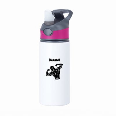 Hacebo® - Bodybuilding met eigen naam waterfles met rietje roze - Fitness - Bodybuilder - Sport - water fles - 650ML
