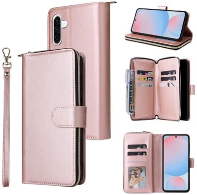 Telefoonhoesje geschikt voor Samsung Galaxy A57 5G - Portemonnee met rits - book-case hoesje - ruimte voor 9 pasjes - roze goud